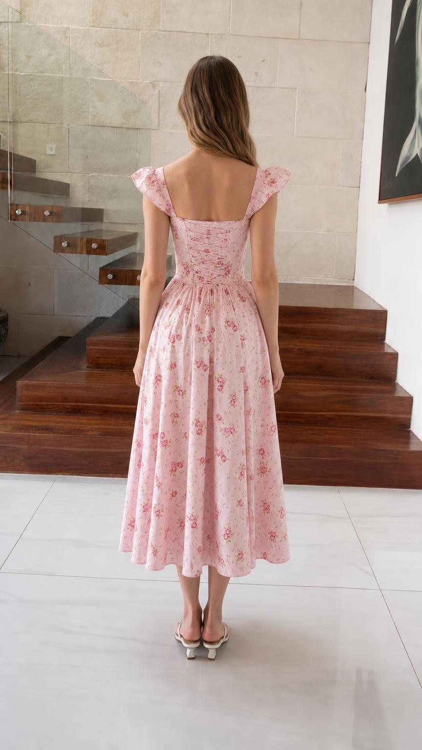 Back view of model wearing pink floral midi dress