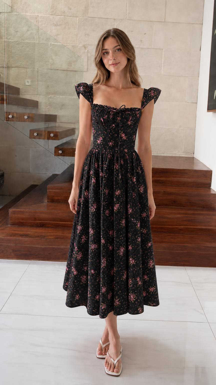 Front view of model wearing black floral midi dress