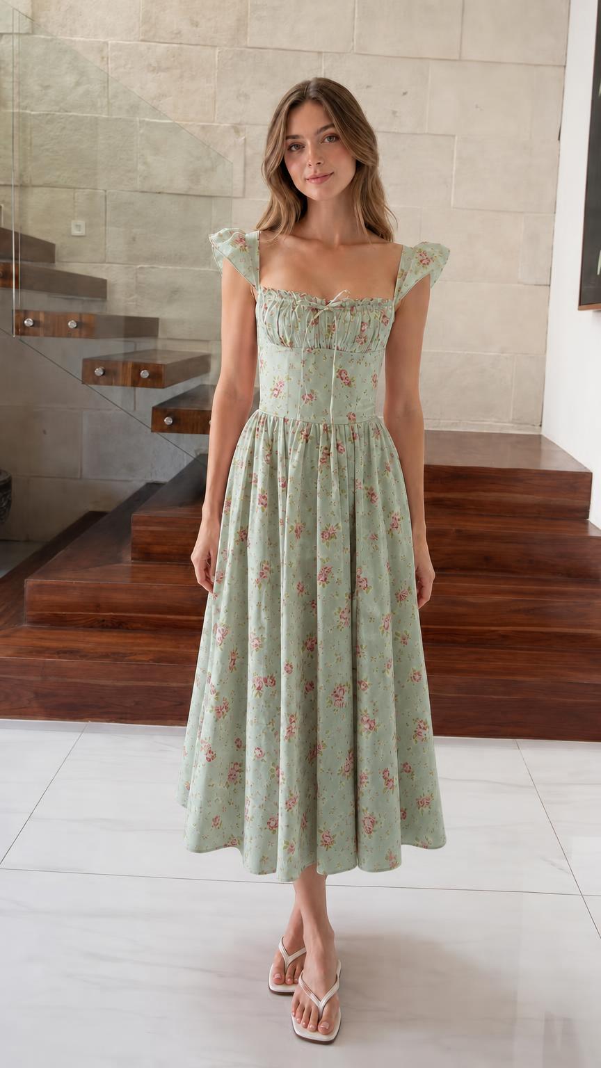 Front view of model wearing sage floral midi dress